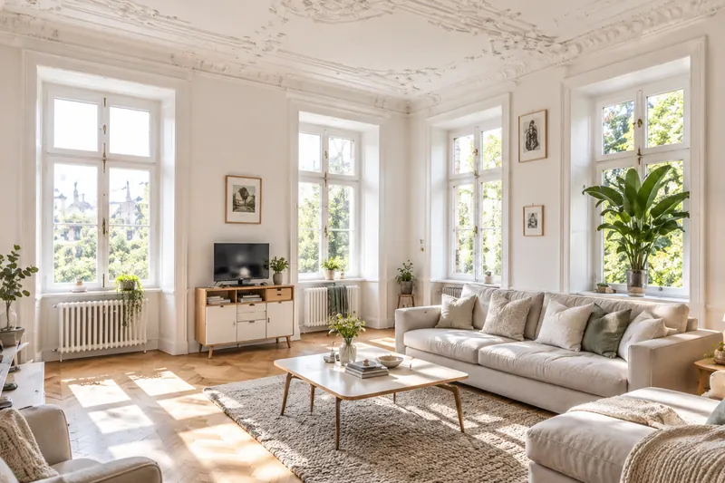 Heller Altbau-Wohnraum mit Stuck und hohen Fenstern