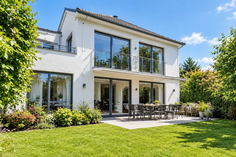 Reihenendhaus mit Terrasse, Rasen und jungem Apfelbaum