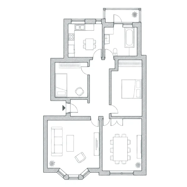 Grundriss: Langer Flur in der Mitte, zur Straße das Wohnzimmer mit Erker und das Esszimmer hinter einer Flügeltür, zwei Schlafzimmer, Küche, Bad mit Wanne, kleiner Balkon zum Hof.