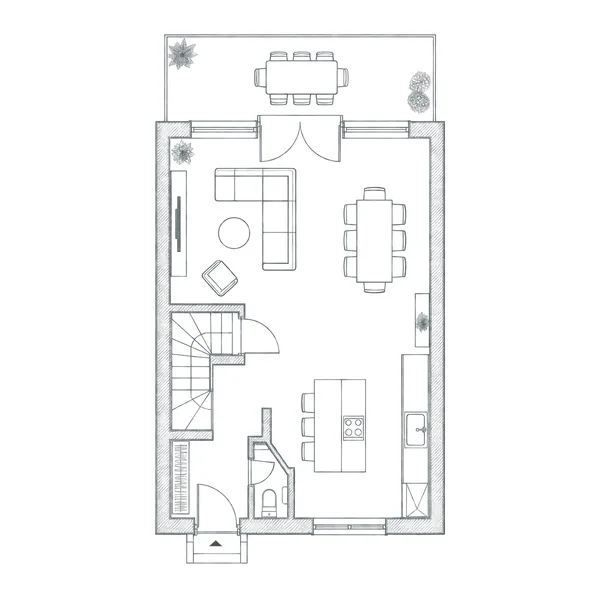 Grundriss: Erdgeschoss: Eingang mit Treppe, Gäste-WC, Küche, offener Wohn- und Essbereich mit breiter Terrassentür zum Garten.