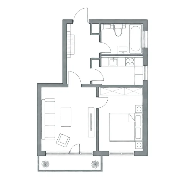 Grundriss: Flur, Wohnzimmer mit Balkon über die ganze Breite, Schlafzimmer, Küche mit Fenster, Bad.