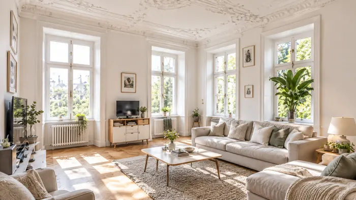 Heller Wohnraum der Altbauwohnung mit Stuckdecke, hohen Fenstern und Parkett