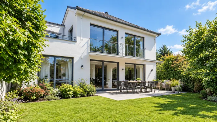 Reihenendhaus mit großen Fenstern, Terrasse und Garten