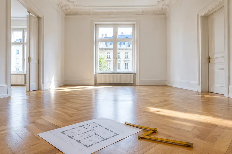 Leerer Altbau-Raum mit Fischgrätparkett, auf dem Boden ein Grundriss und ein Zollstock