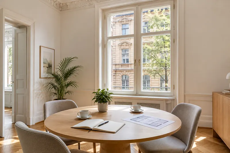 Runder Besprechungstisch mit zwei Kaffeetassen und einem Grundriss am Fenster