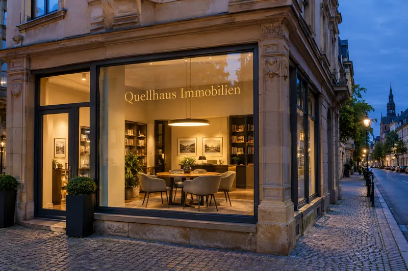 Unser Büro im Erdgeschoss eines Gründerzeithauses zur blauen Stunde, Schriftzug Quellhaus Immobilien im Fenster