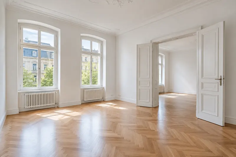 Helle, leere Altbauwohnung mit Parkett und offener Flügeltür