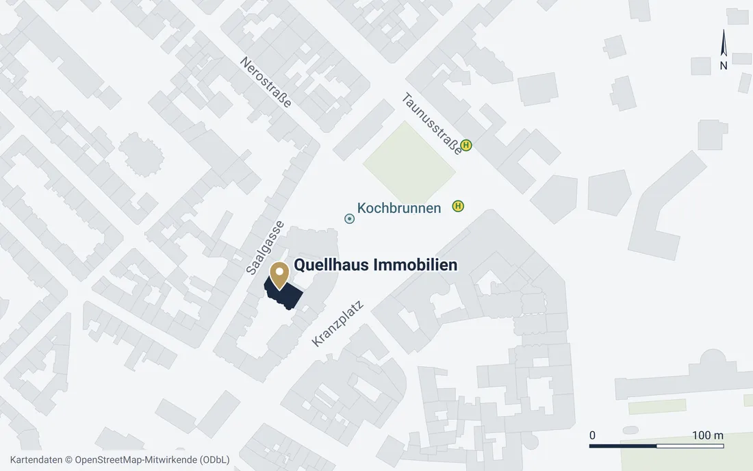 Lageplan des Quellenviertels: unser Büro zwischen Saalgasse und Kranzplatz, gegenüber vom Kochbrunnen, Bushaltestelle Kochbrunnen an der Taunusstraße